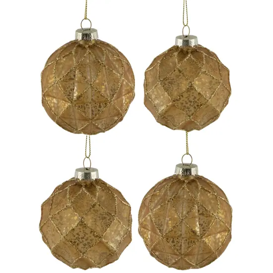 Northlight Geometric Glittered Mercury Glass Ball Christmas Ornaments - 3" (80mm) - Gold- 4ct {3}
