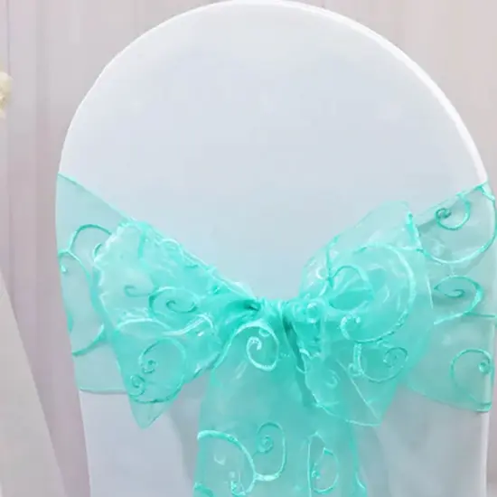 10 Pieces Tiff Blue or Aqua Blue Embroidered Organza Chair Sashes 8"x108" Luxury Event & Wedding Decor {3}