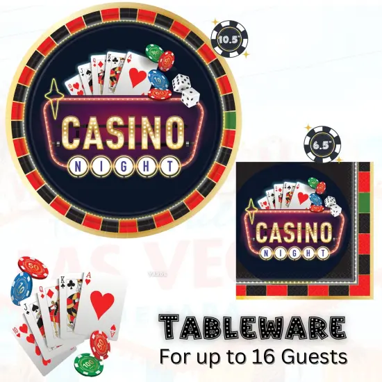 Casino Night Party Supplies Bundle, 10.5" Paper Dinner Plates and Luncheon Napkins, Serves 16 {3}
