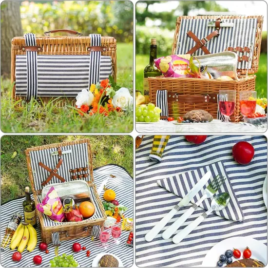Wicker Picnic Basket for 2, Willow Hamper Basket with Large Insulated Cooler Compartment, Picnic Sets with Waterproof Picnic Blanket, Picnic Basket with 2 Person Kit for Camping, Hiking(Grey) {5}