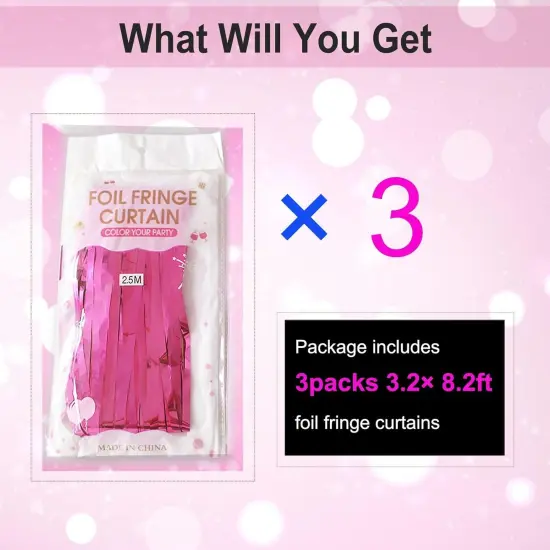 Hot Pink Backdrop Curtains - 3 Pack of 3.2x8.2ft Hot Pink Foil Fringe Curtains Streamers Backdrop for Birthday Party Valentines Backdrop Decorations {3}