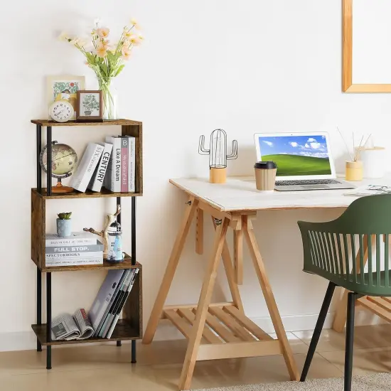 4-Tier S-Shaped Bookcase &ndash; Modern Freestanding Wooden & Metal Shelves for Farmhouse, Living Room, Bedroom, Home Office &ndash; Space-Saving Storage with Anti-Tip Kit {6}