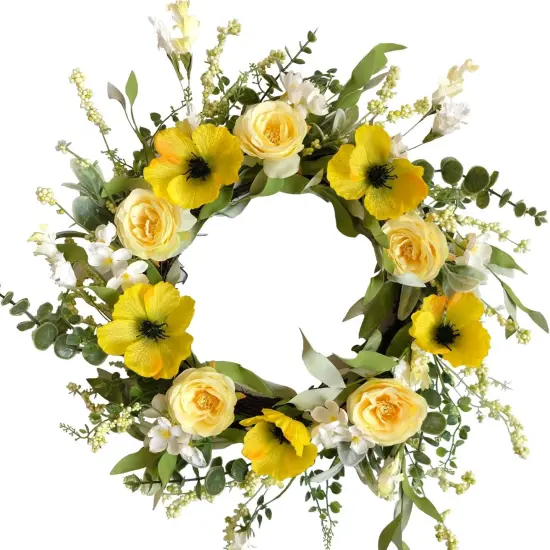 Summer Wreaths for Front Door 18 Inch Artificial Flower Decoration Wreath with Yellow Roses Poppies Wreaths for Farmhouse Outside All Season for Indoor Outdoor Home Wall Holiday Decor {1}