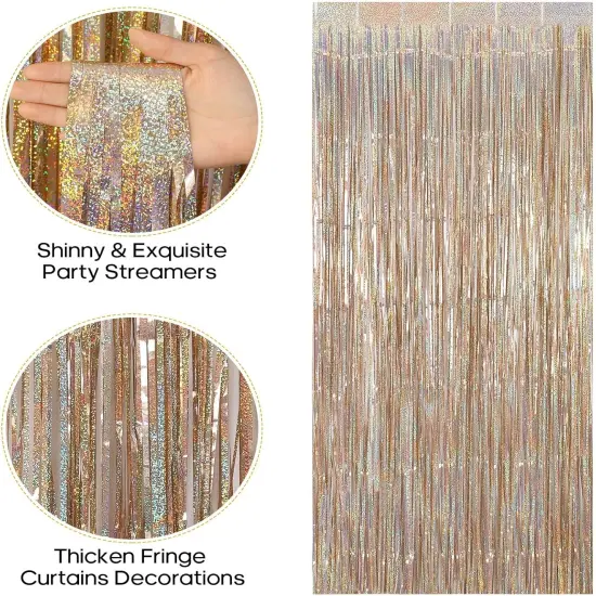 2 Pack Fringe Curtains Backdrops, Foil Fringe Curtains, Door Streamers for Birthday Wedding Bridal Shower Holiday Graduation Party Decorations, Photo Booth Backdrops, Glitter Champagne {2}