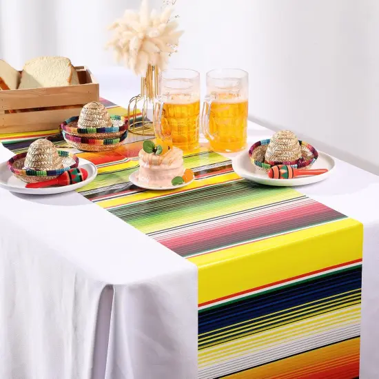 12 Pcs Cinco De Mayo 14 x 108 Inch Plastic Mexican Serape Striped Tablecloth Disposable Fiesta Decor for Cinco De Mayo Mexican Theme Birthday Party(Colorful) {4}