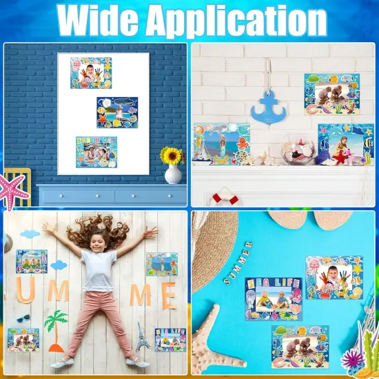 96 Pcs Summer Picture Frame Craft Kit DIY Photo Frame Craft with Stickers Summer Cardboard Photo Frame Craft Beach Pool Party Favor Activities (Ocean, Blue Series) {5}