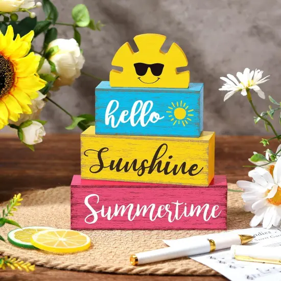 Summer Table Decor Hello Sunshine Wooden Block Sign Farmhouse Summertime Beach Tiered Tray Decor Rustic Table Centerpieces Summer Decorations for Home Desk Shelf Mantle Office Decorations {2}