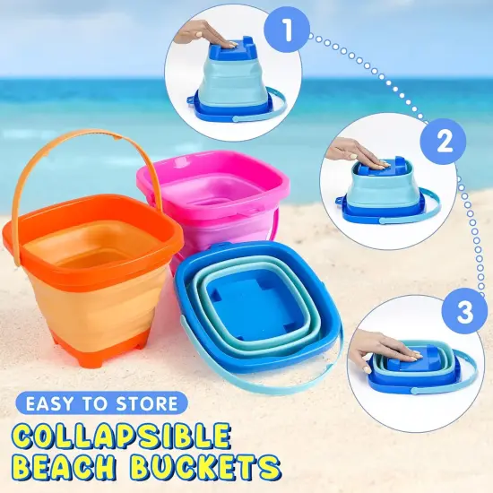 Summer Beach Toys for Kids 3-10, Collapsible Sand Castle Toys for Beach Include 3 Pack Foldable Buckets, Shovels Molds and Storage Mesh Bag, Sandbox Travel Toys for Toddlers Kids {3}
