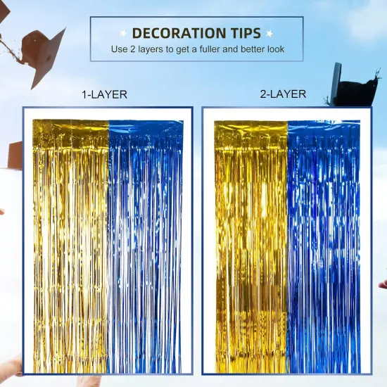2 Pack Blue and Gold 2025 graduation party decorations, 3.3x6.6 ft Foil Fringe Curtains, Tinsel Backdrop, Graduation Photo Booth Prop Streamer Backdrop for High School College University Party {4}