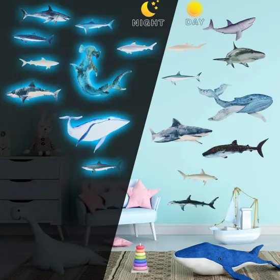 18 Pieces Sharks Peel Shark Wall Decals Removable Wall Stickers Animal Shark Decal Stickers Sea Theme Wall Decor Sticker for Room Bathroom Nursery Home Decor (Glow in the Dark) {2}