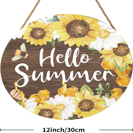 Hello Summer Sign 12 x 12 Inch Summer Themed Sunflower Welcome Sign Front Door Decor Farmhouse Porch Decoration Sunflower Round Wooden Hanging Sign for Home Garden Farmhouse Yard {2}