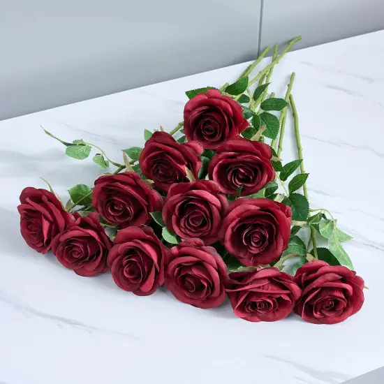 12pcs Roses Artificial Flowers Fake Roses Burgundy Silk Roses Wine Red Silk Flowers Rose with Long Stems {4}