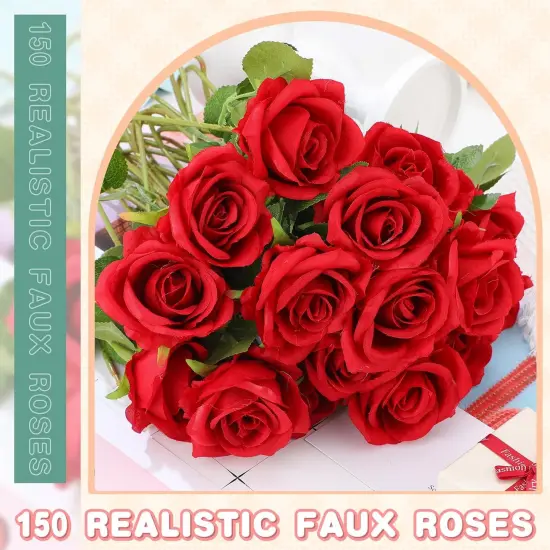 150 Pcs Artificial Rose Flowers Bouquet Bulk (Red) {3}