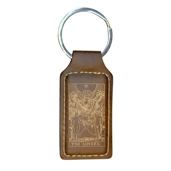 Keychain - Rectangle - The Lovers Tarot Card - Leather Rawhide/Black {7}