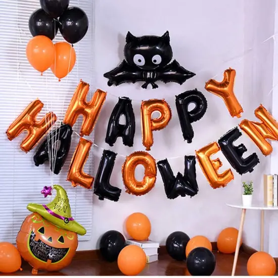 Happy Halloween Balloons Banner (Orange and Black) {3}