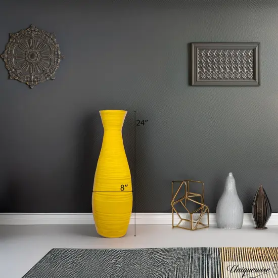 Uniquewise 24" Tapered Cylindrical Tall Bamboo Floor Vase with Flared Trumpet Top Decorative Accent for Dried Flowers Pampas Grass and Branch Arrangements Stylish Home and Office Decor Piece Yellow {2}