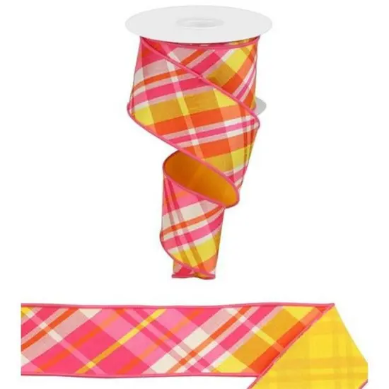 2.5" Diagonal Plaid Fused Ribbon: Hot Pink/Yellow (10 Yards) {2}