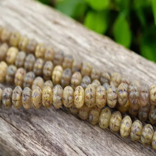 5x8mm Rustic Matte Champagne Beige Picasso Ribbed Rondelle Beads - 8" Strand {2}