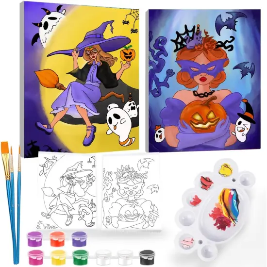 2 Pcs Paint and Sip Kit - 8&times;10 Pre Drawn Canvas (Halloween Girls) {1}
