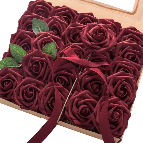 Artificial Flowers 25pcs Real Looking Burgundy Foam Fake Roses {1}