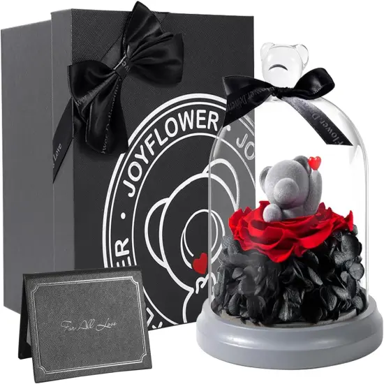 Preserved Flowers with Teddy Bear in Glass Gift {1}