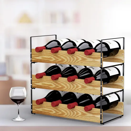 3-Tier Stackable Wine Rack Holds 4 Bottles per Tier, Metal & Bamboo Wine Storage Rack {4}