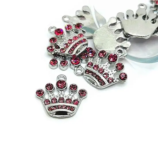 Pink and Silver Rhinestone Crown Charms, 20x21mm {1}