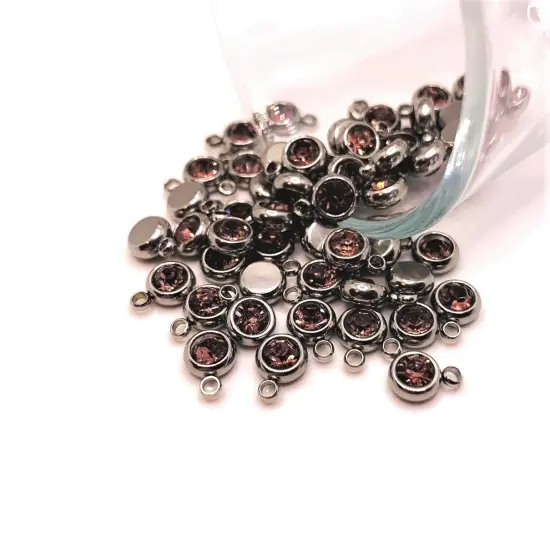 201 Stainless Steel, Light Pink June Alexandrite Birthstone Rhinestone Charms, 8x6mm {1}