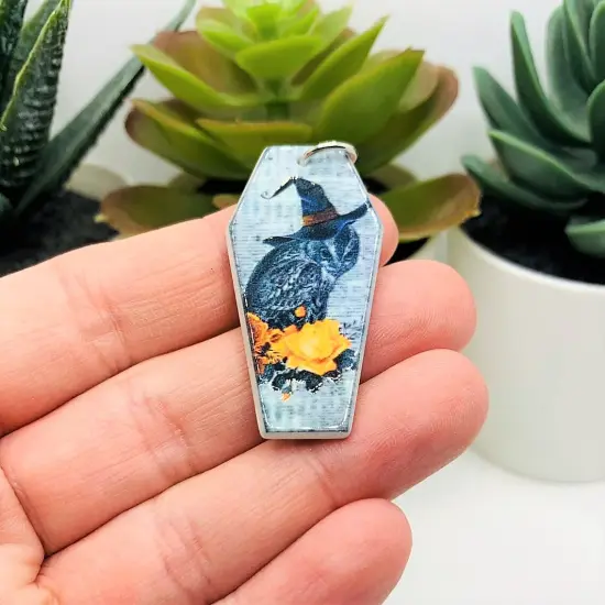 Fall/Autumn Coffin Owl in Witch Hat Charms, 41x21mm {2}