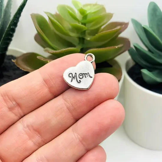 Antique Silver Mom Heart Charms, 15x17mm {2}