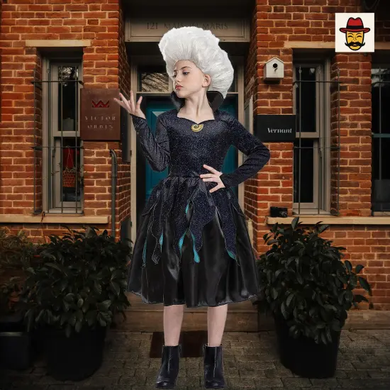 Kids Classic Little Mermaid Ursula Costume Black Velvety Dress Glitter Bodice Tentacle Skirt {4}