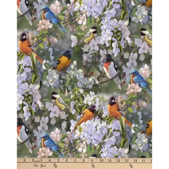 Birds in Orchard Trees Cotton Fabric | By the Yard | Sewing and Crafting | 44 inches wide {1}