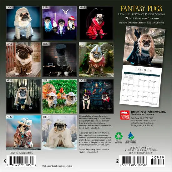 Fantasy Pugs OFFICIAL | 2026 7 x 14 Inch (Hanging) Monthly Mini Wall Calendar {2}