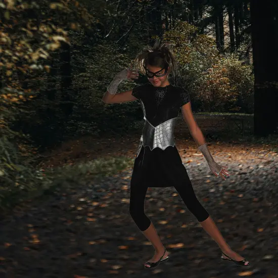 Teen Spider Girl Costume Black Dress With Silver Web And Eye Mask Set {4}