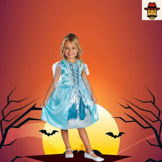 Girls Cinderella Sparkle Costume Blue Satin Dress with Sheer Sleeves {3}