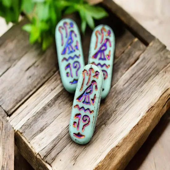 *6* 25x10mm Matte Turquoise Rainbow Metallic Egyptian Cartouche Oval Beads {2}