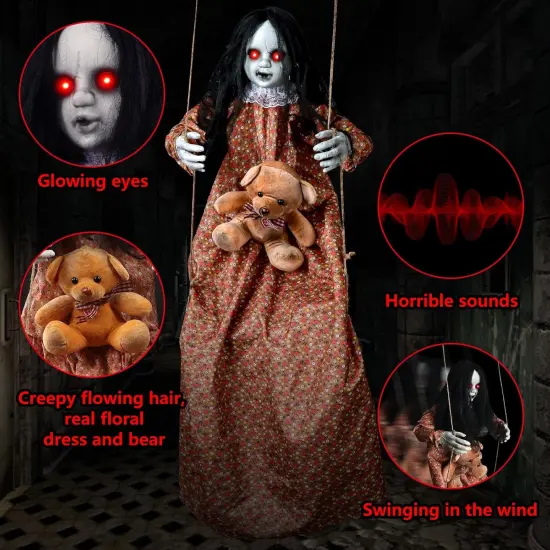 3.75 Ft Scary Halloween Decorations Hanging Swinging Girl {3}