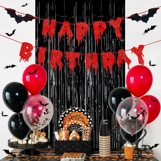 Red Glittery Happy Birthday Halloween Banner Black Foil Curtains Backdrop {2}