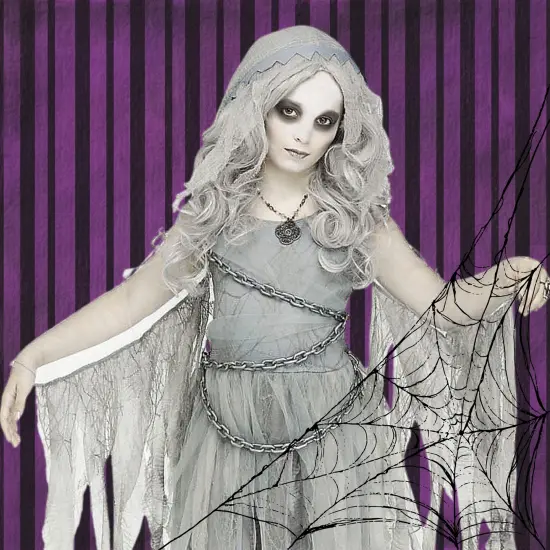 Girls Enchanted Ghost Gray Hooded Dress Costume with Chain Detail {5}