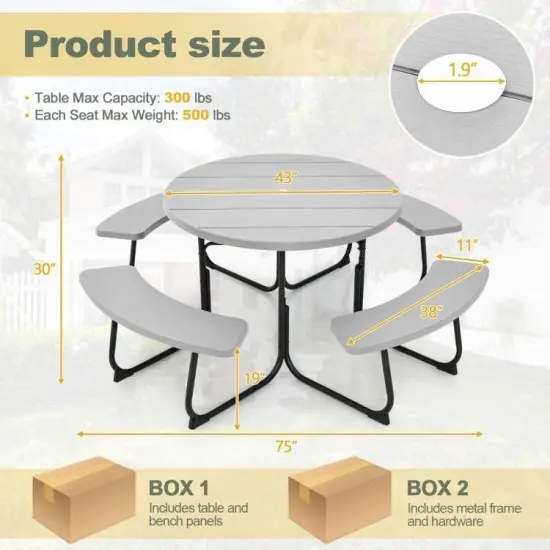 75" Round HDPE 8-Seater Outdoor Picnic Table with Umbrella Hole and Metal Frame Grey {2}