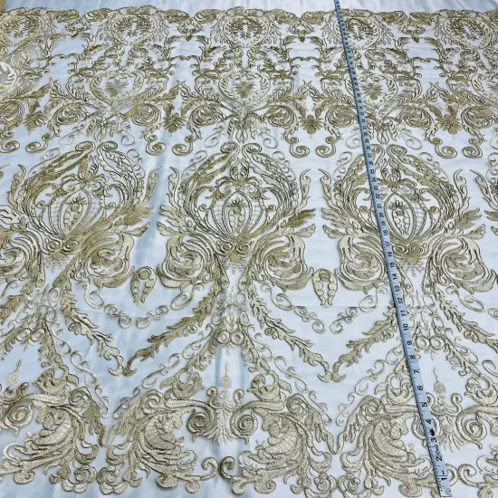 1 Yard White Corded Bridal Lace Fabric, 48&rdquo; Wide Embroidered Polyester Mesh Gold {1}