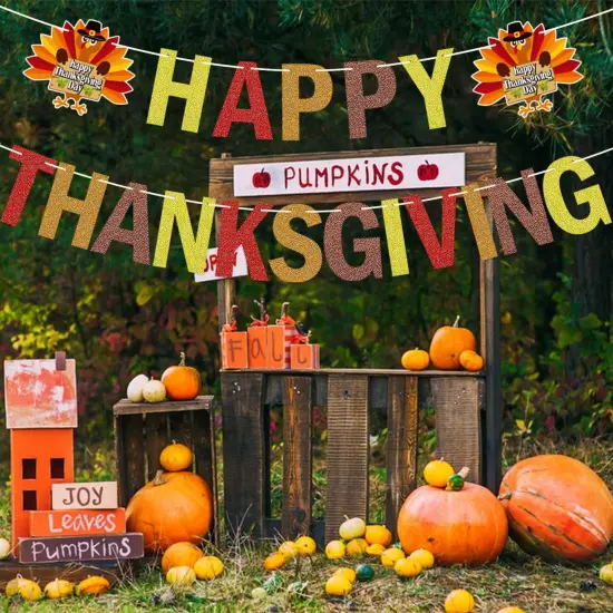 Glitter Happy Thanksgiving Banner with Hanging Swirl Decorations {2}
