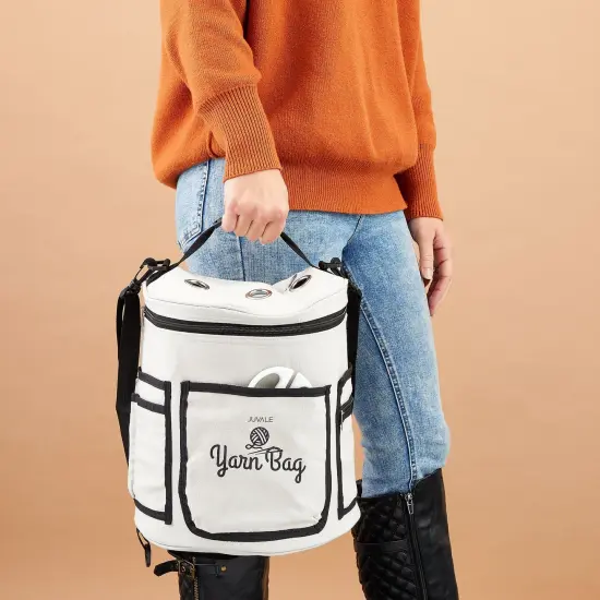 Grey Yarn Bag with Dividers for Portable Knitting Kit, Crochet Bag for Accessories and Supplies Storage (11.8 x 9.8 In) White {2}