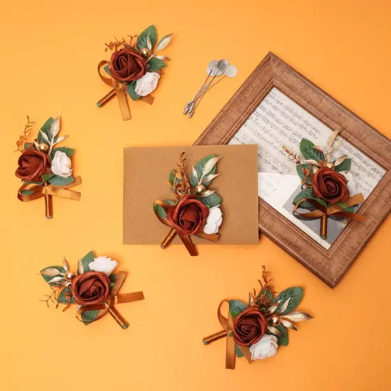 6 pcs Burnt Orange Boutonniere Flowers {4}