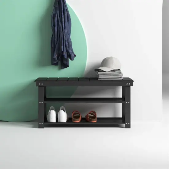 Wooden Shoe Rack Bench with Two Storage Shelves and 2-Seater Design for Entryway or Hallway Black {4}