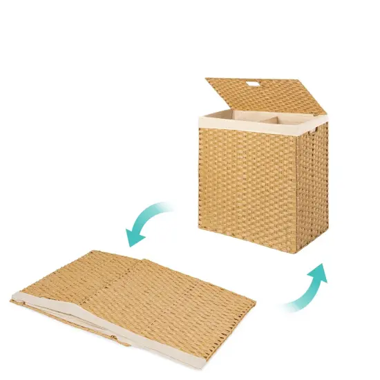 Natural Wicker Folding Laundry Hamper with 2 Bins and Linen Liner {5}