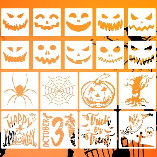 18 Pieces Halloween Stencils Reusable Plastic Halloween Pumpkin Stencils {1}