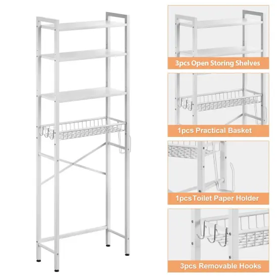 Over the Toilet Storage Shelf with 4 Tiers Adjustable Shelves and Hooks Freestanding Metal White {4}
