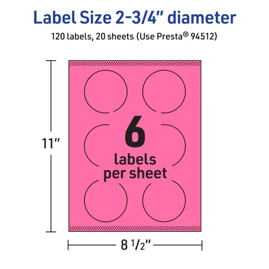 Avery Bright Pink Paper Labels, 2.75" Diameter Round {5}