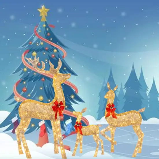 Premium Champagne Rattan Deer Trio with Red Bows for Holiday Decorating 63" + 52" + 37" {4}